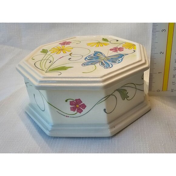 Ceramic Glazed Butterfly Octagon Ring/Jewelry Box/Trinket Box/Stash Box Artist S - Picture 4 of 11